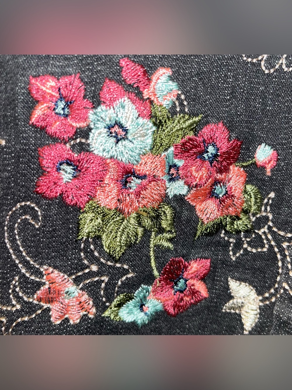 Denim & Co Beautiful Floral Embroidered Black Jean Jacket - Picture 6 of 16